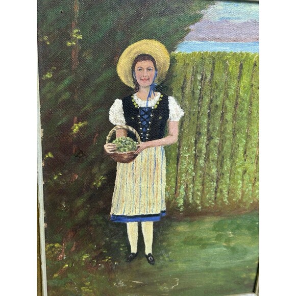 Original Folk Primitive Painting European Girl In Garden Framed & Signed 1958 - Picture 2 of 9
